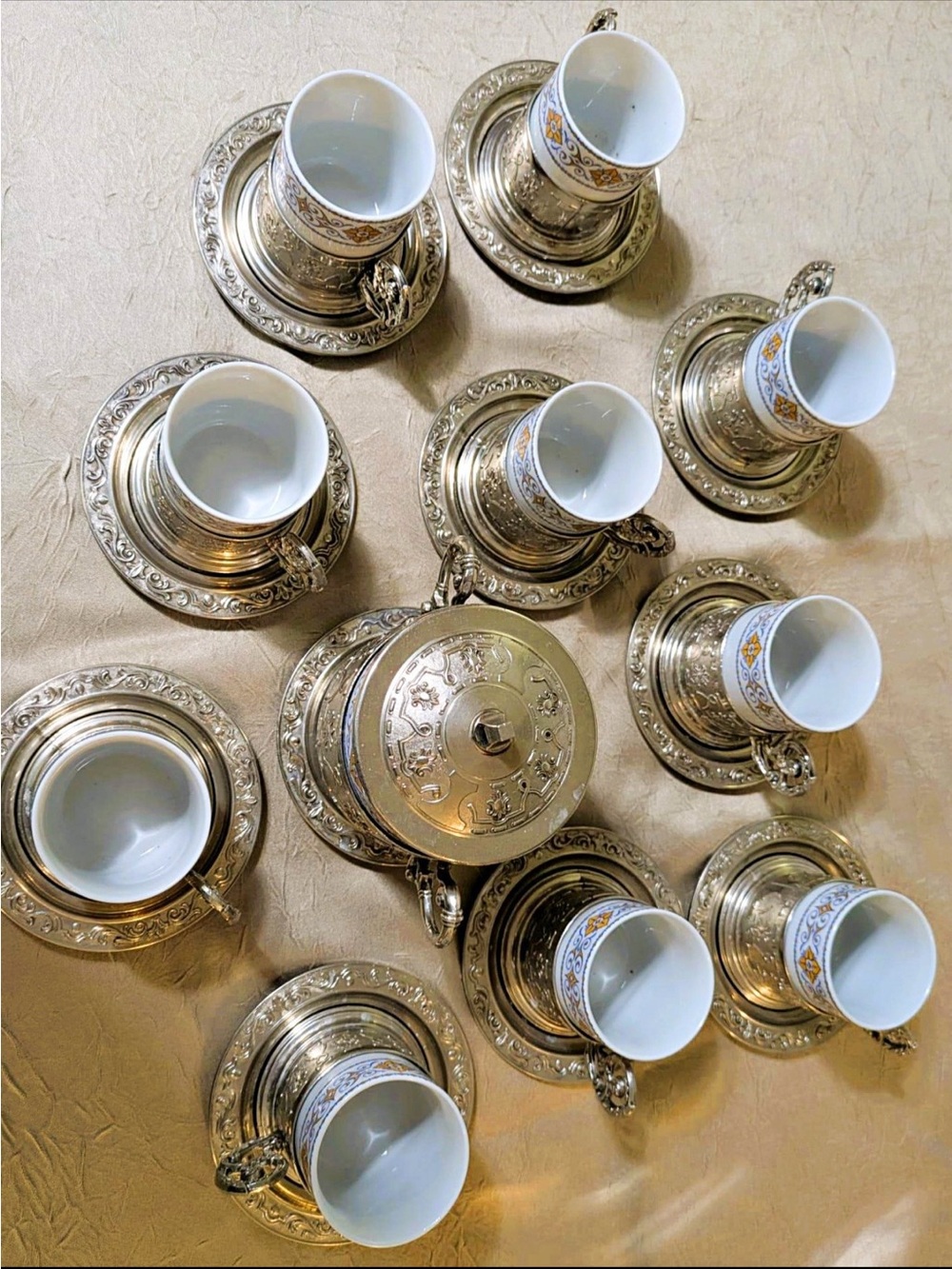 Elegant Turkish Coffee Cup Set with Saucers and Sugar Bowl